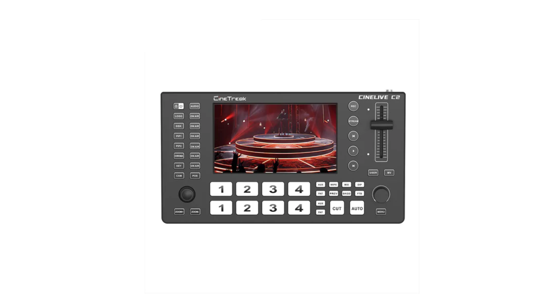 CineTreak monitor with display of a studio setup on a white background
