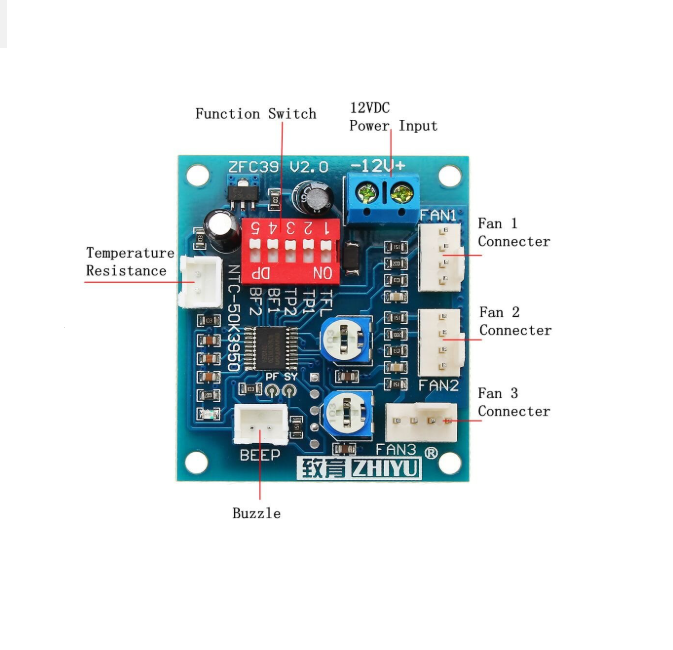 Electronic circuit board with labeled components on a white background