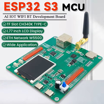ESP32 S3 MCU development board with features listed on a white background