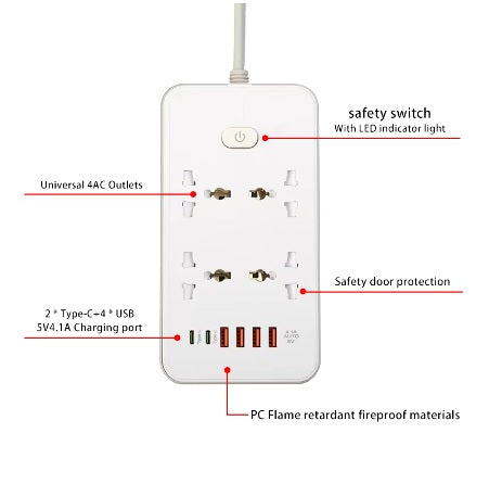 4 AC Power Socket with 6 USB