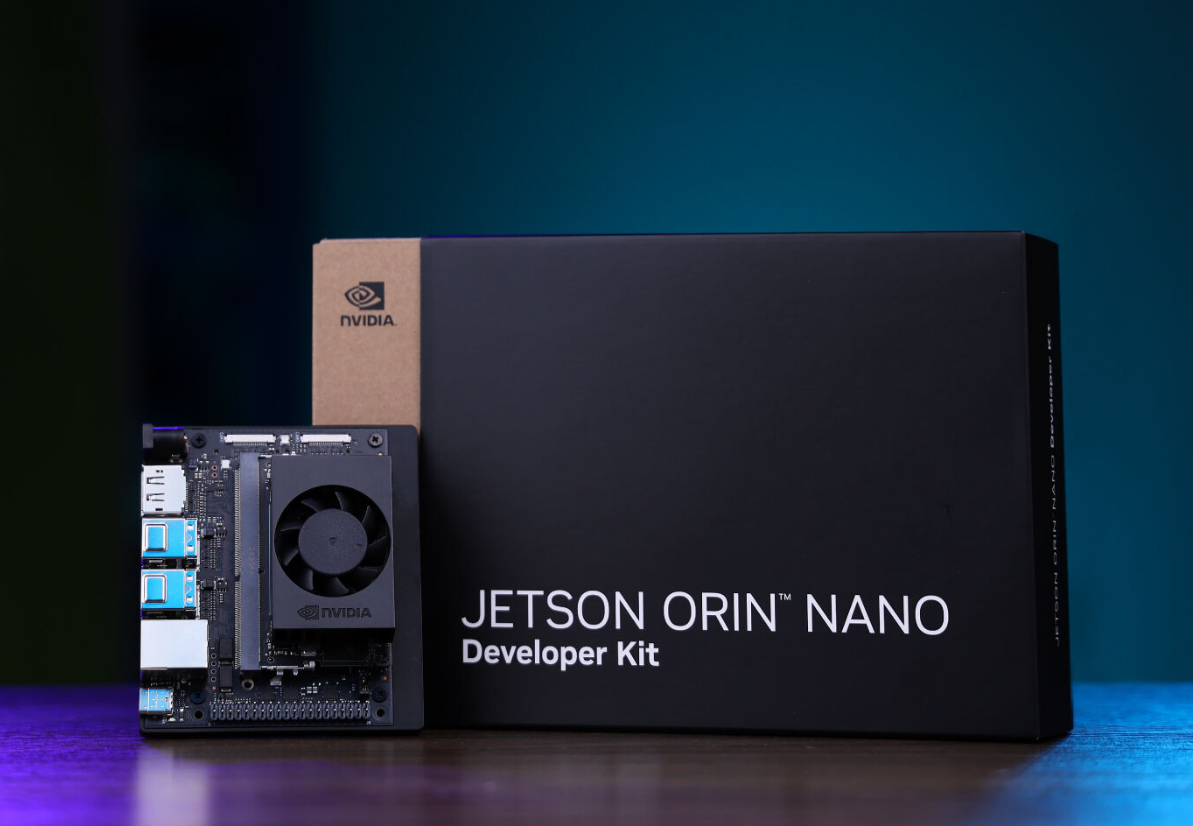 Jetson Orin Nano Developer Kit with packaging on a dark background