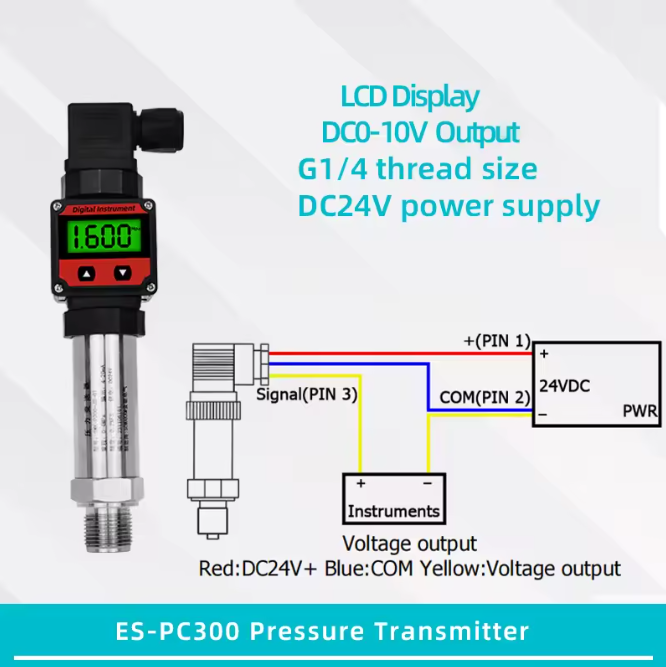 ES-PC300 Pressure Transmitter with LCD display, wiring diagram, and technical specifications on a white background.