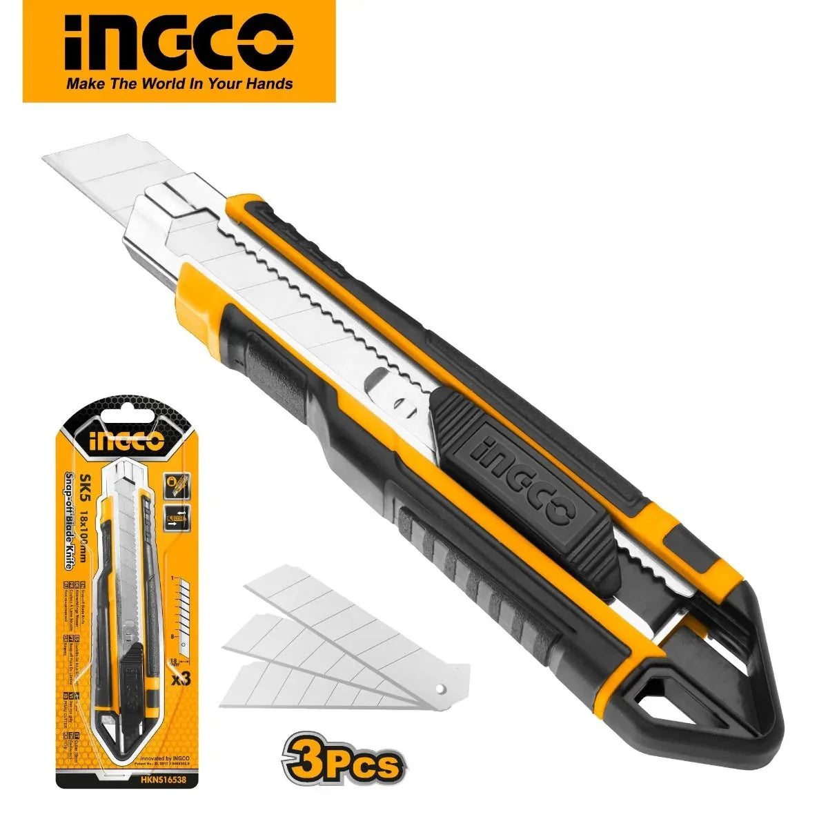 INGCO Snap-off Blade Knife 18mmx100mm with 3 Blades - Robot Pi Shop