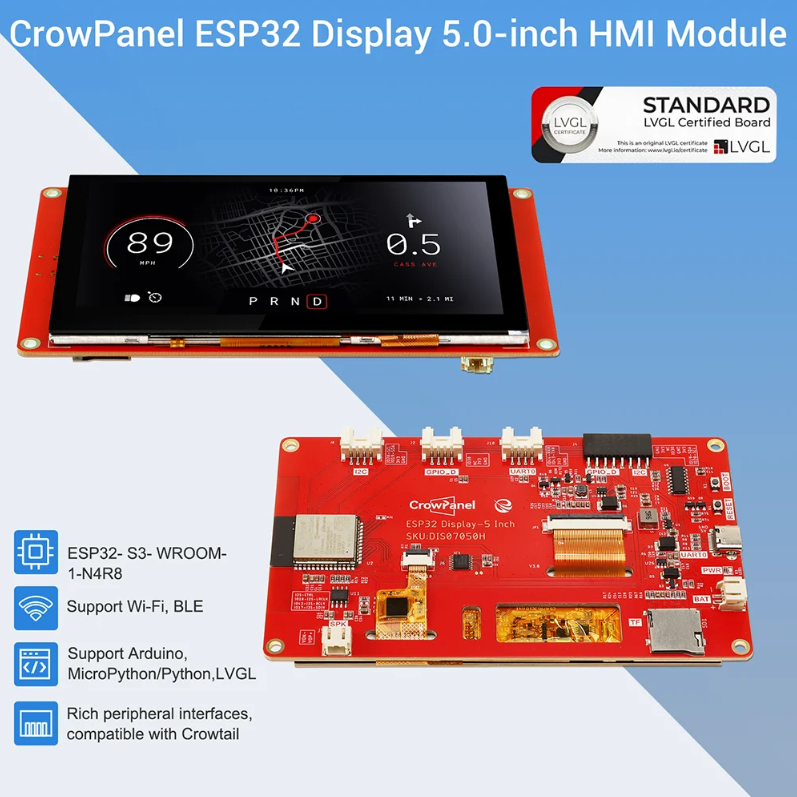 CrowPanel 5.0"-HMI ESP32 Display 800x480 RGB TFT LCD Touch Screen