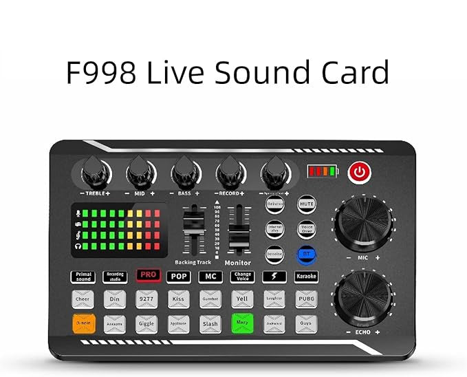 F998 Live Sound Card with control knobs and display on a white background