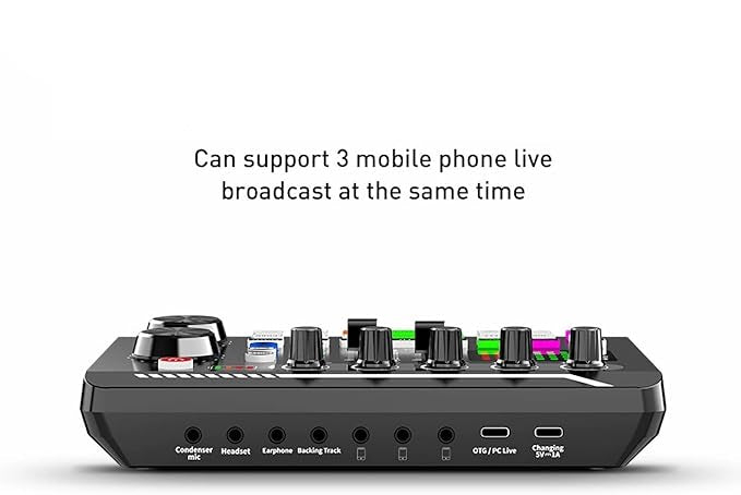 Sound card with multiple inputs and outputs on a white background, featuring text about supporting three mobile phones live.