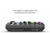 Sound card with multiple inputs and outputs on a white background, featuring text about supporting three mobile phones live.