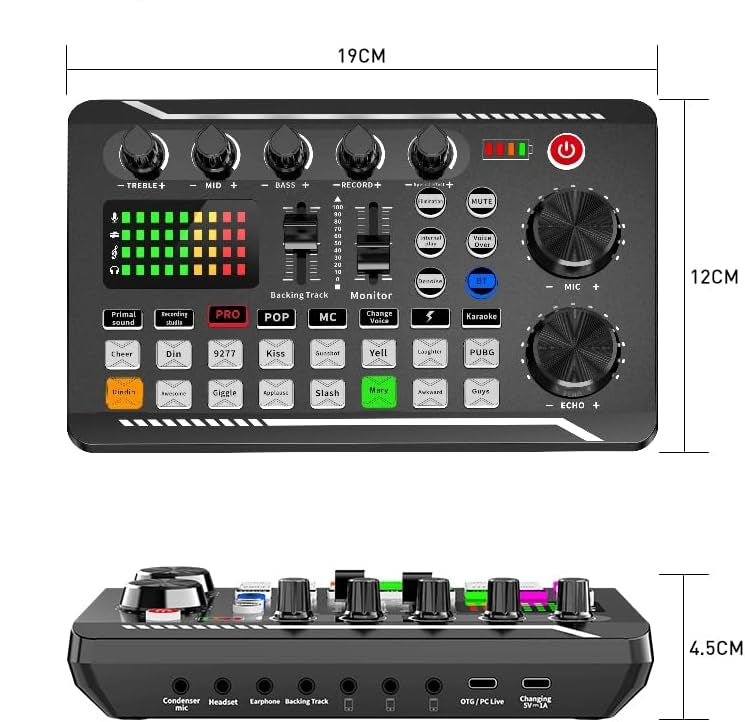 Black audio mixer with control buttons and display on a white background, with measurements indicated.
