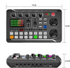 Black audio mixer with control buttons and display on a white background, with measurements indicated.