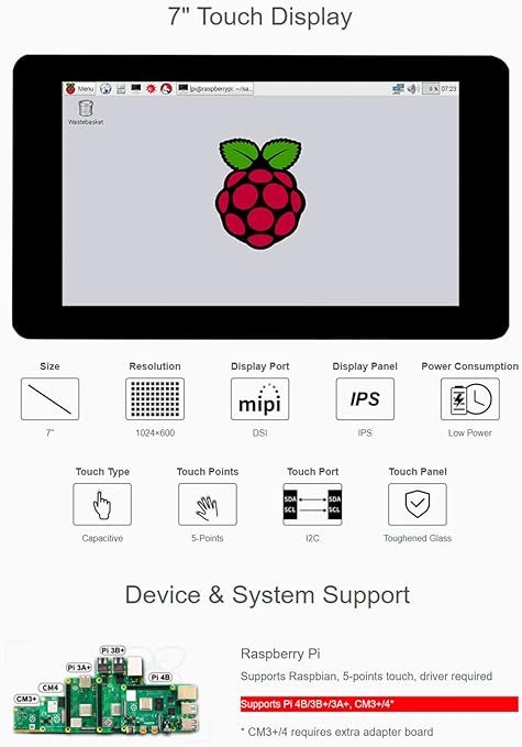 7inch DSI LCD,DSI Interface, 1024×600 Resolution,IPS Screen, MIPI DSI Interface, Capacitive Touch Display for Raspberry Pi.