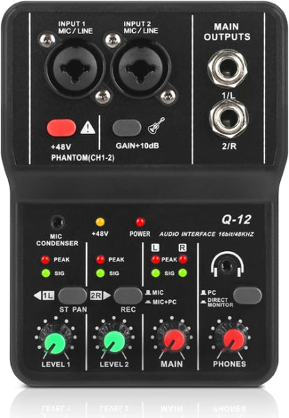 Audio interface with multiple inputs and outputs on a black background