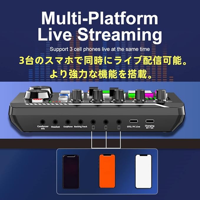 Multifunctional audio mixer with smartphone illustrations on a blue background