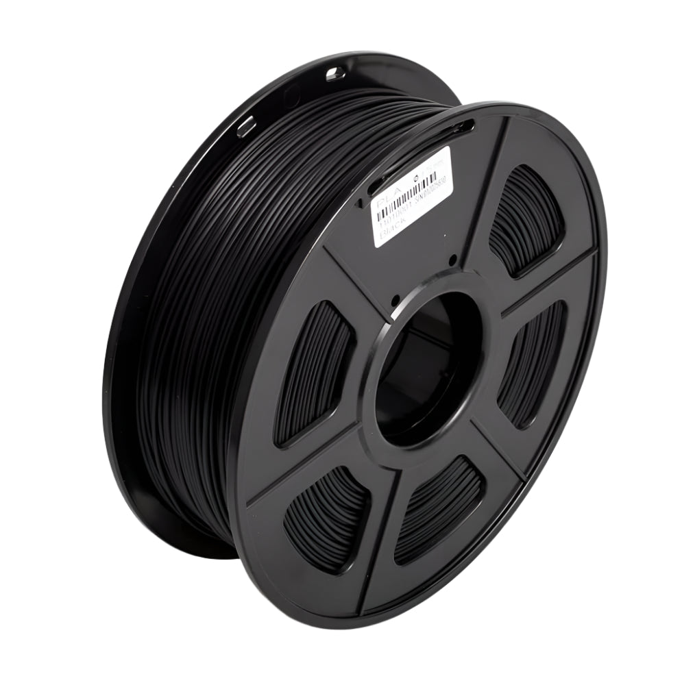 Spool of black filament on a white background