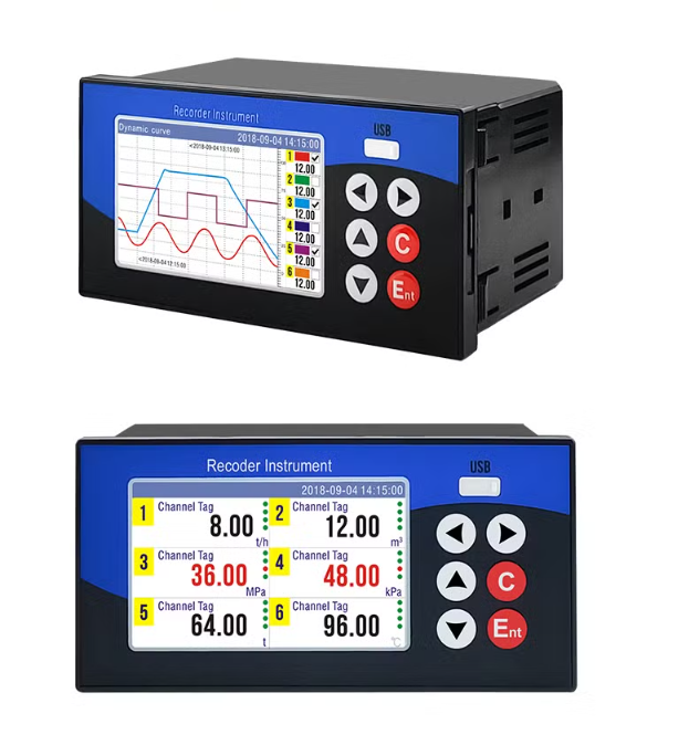 Two recorder instruments with digital displays on a white background