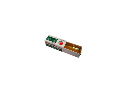 Small box with a green label on a white background
