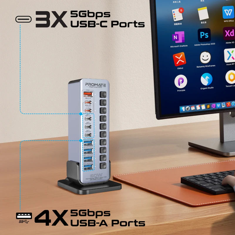 Fast Charge Multi-port USB-C Tower Hub with 5Gbps Data Transfer