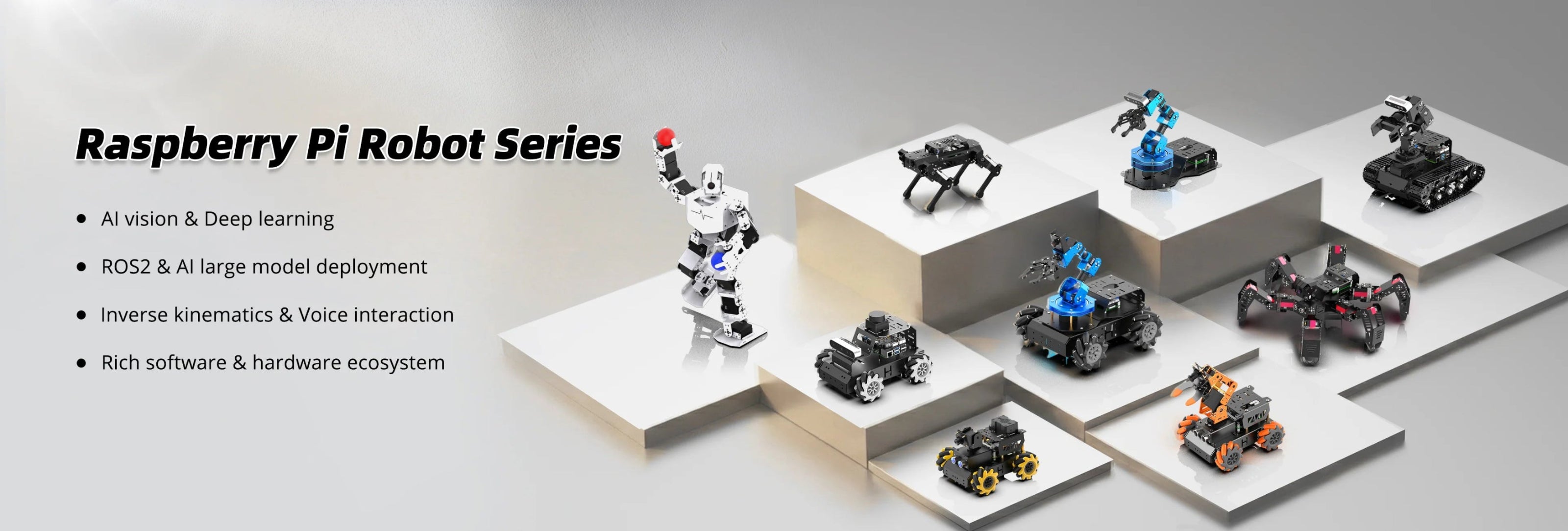 Promotional banner for the Raspberry Pi Robot Series, showcasing multiple small robotic vehicles and a humanoid robot displayed on white display pedestals against a light gray background, with text detailing features on the left.