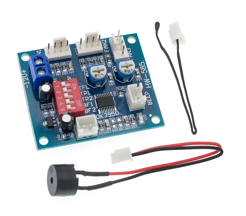 Electronic circuit board with connectors and wires on a white background