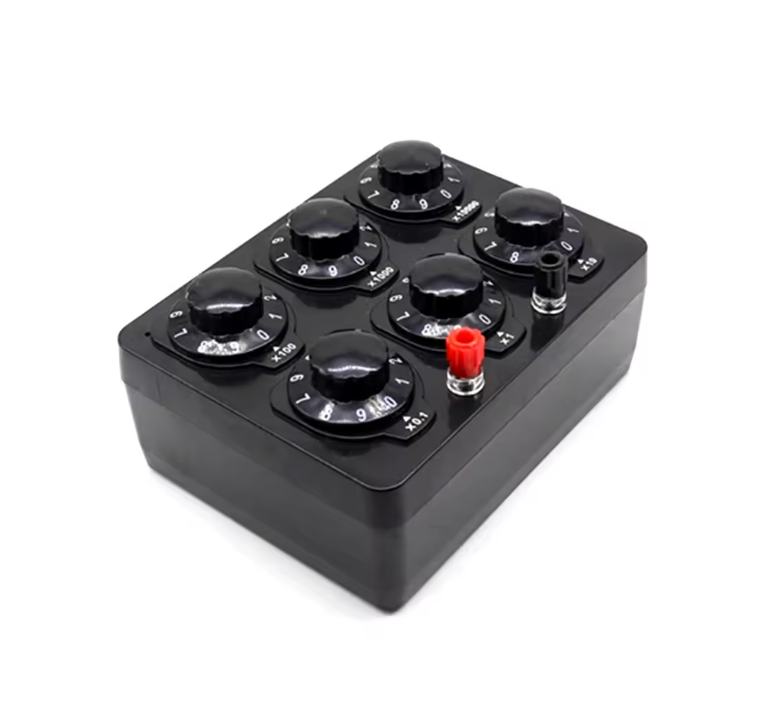 Black control panel with multiple knobs on a white background