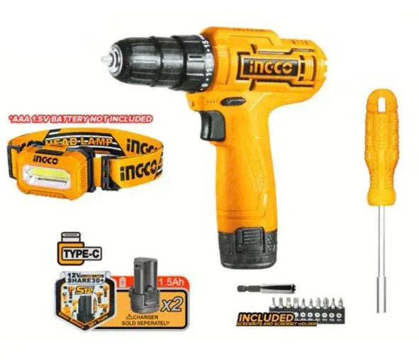 INGCO Cordless Drill and Headlamp Bits Set Screwdriver Hex Bit Holder with Battery - Robot Pi Shop
