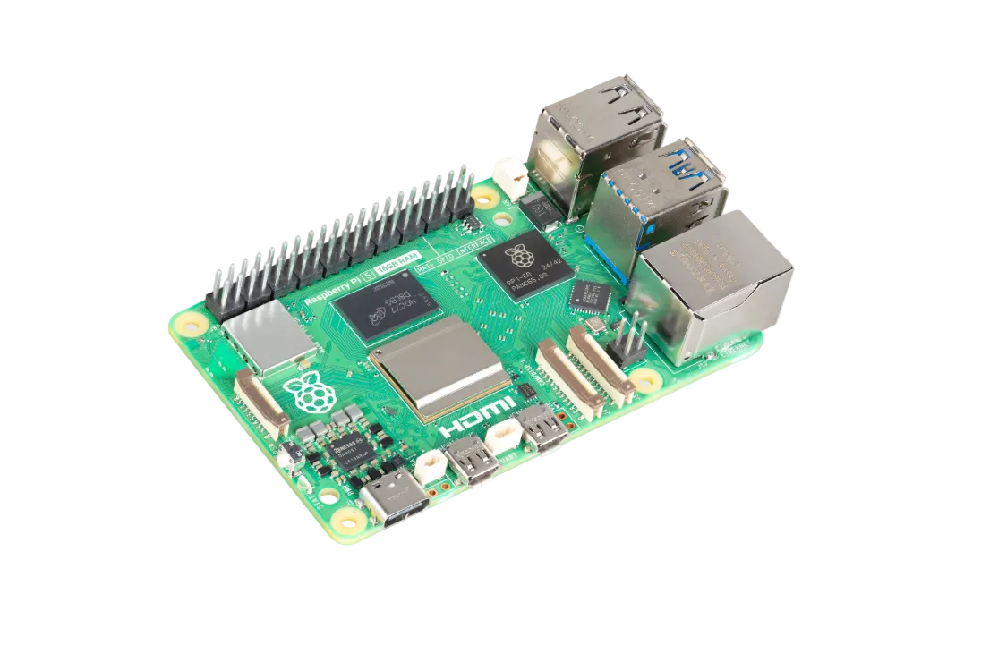 Raspberry Pi computer board on a light gray background