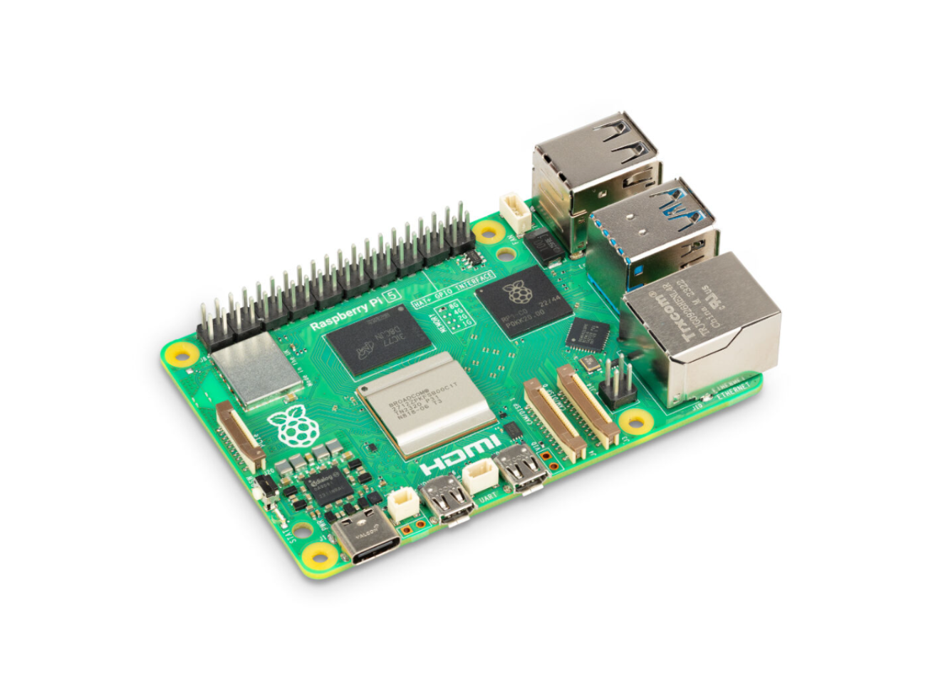 Raspberry Pi computer board on a white background