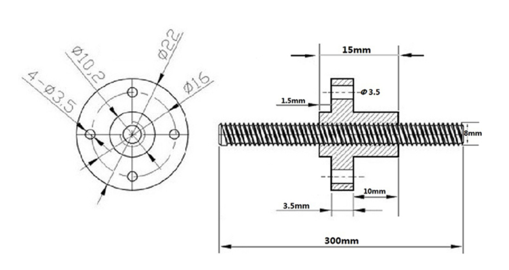 Lead Screw 300mm with 8mm Trapezoidal Screws Copper Nuts