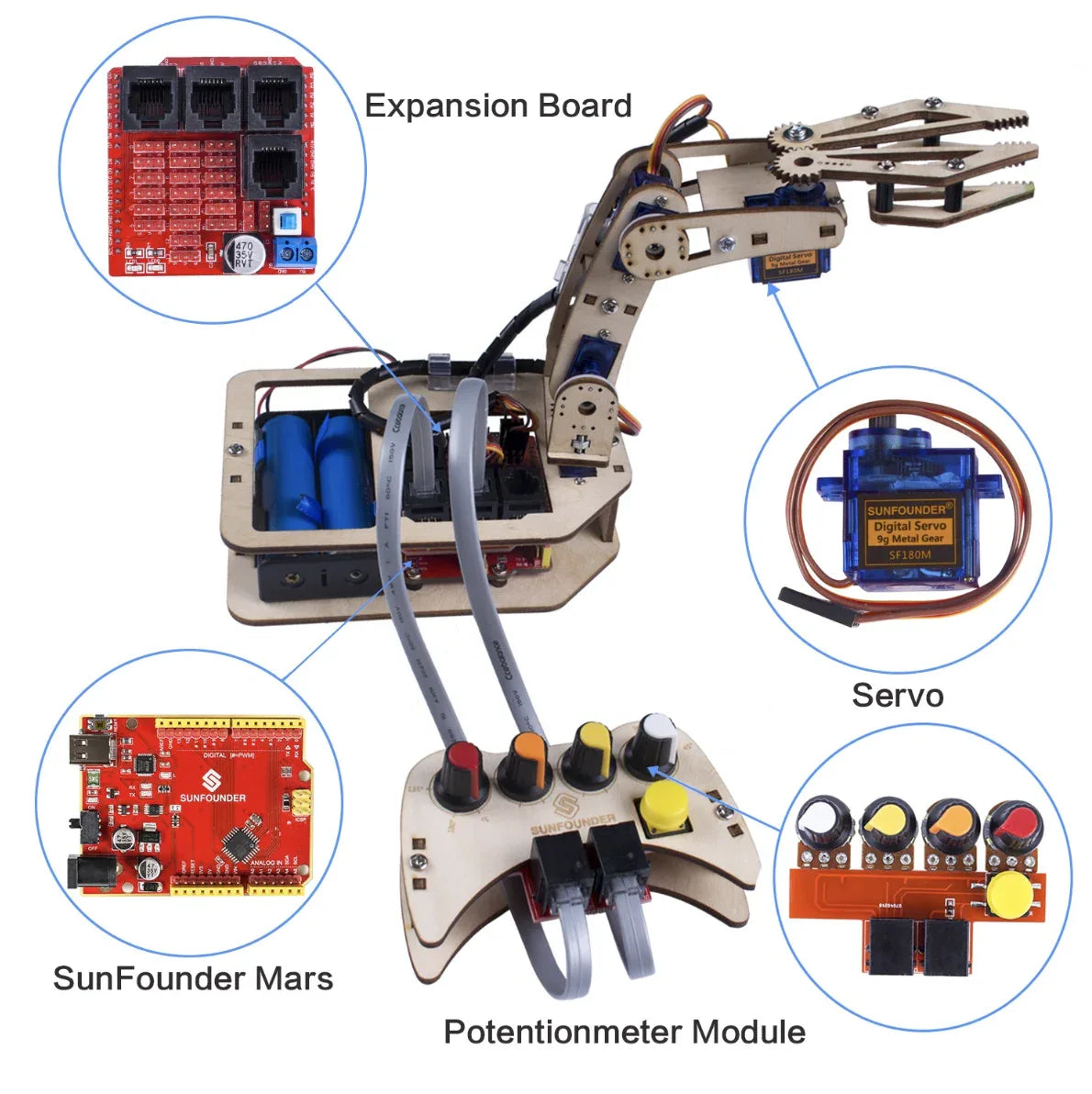 SunFounder Arduino Uno Robotic Arm Kit DIY 4-Axis Wooden Mental Servo ...