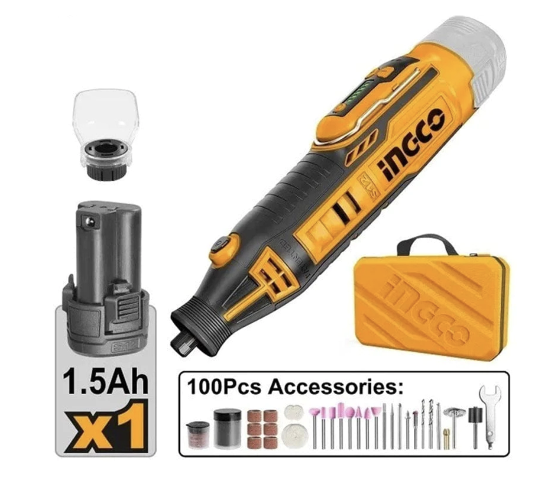 INGCO Cordless Lithium-ion Mini Grinder 12V with 100 Pieces Accessories