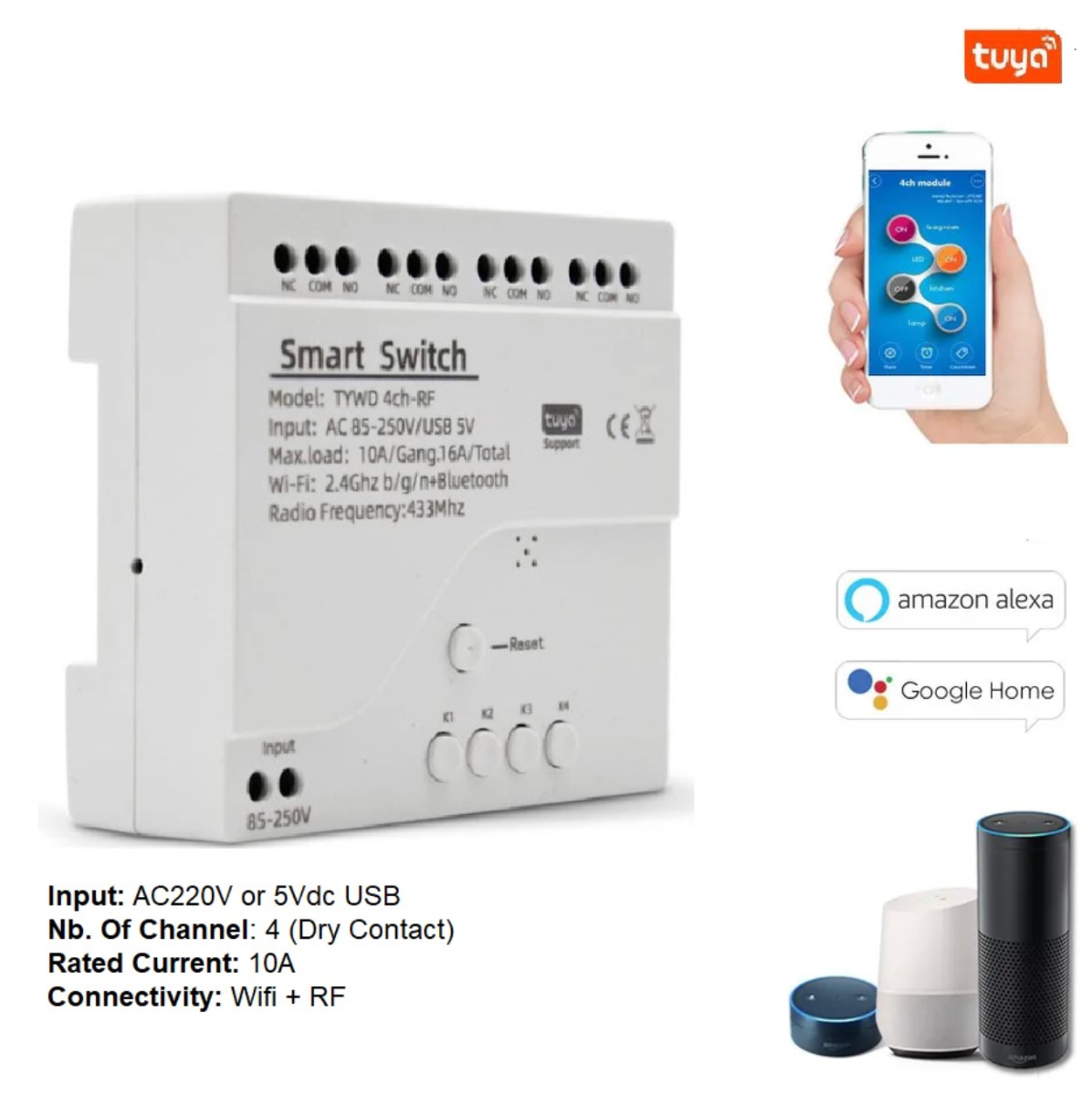 TUYA Smart Switch 4 Channel – Input 220Vac