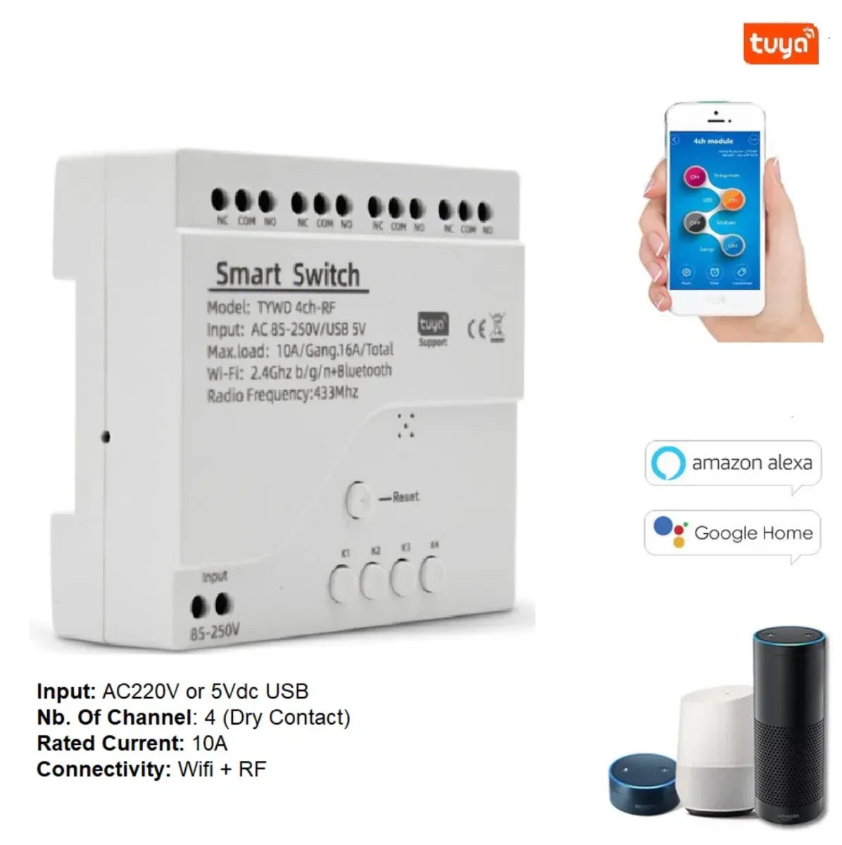 TUYA Smart Switch 4 Channel – Input 220Vac - Robot Pi Shop
