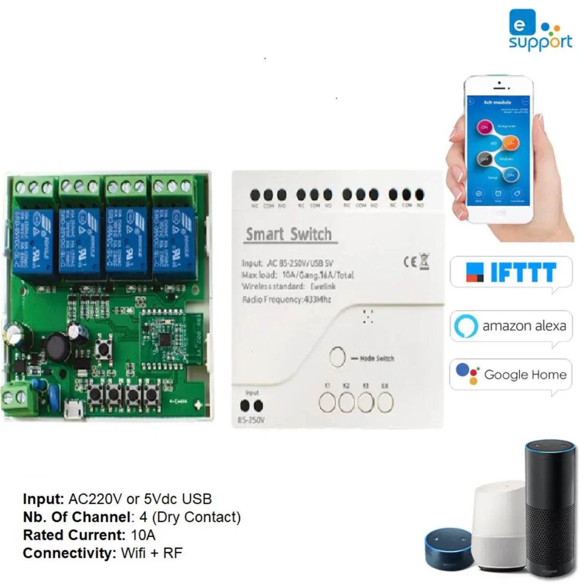 Ewelink Smart Switch 4 Channel – Input 220Vac – Robot Pi Shop
