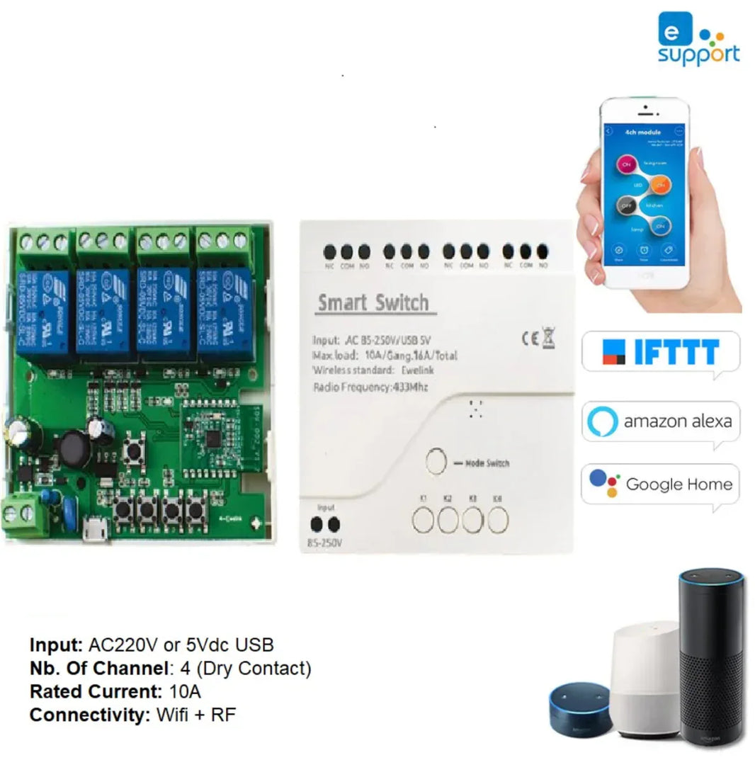 Ewelink Smart Switch 4 Channel – Input 220Vac - Robot Pi Shop
